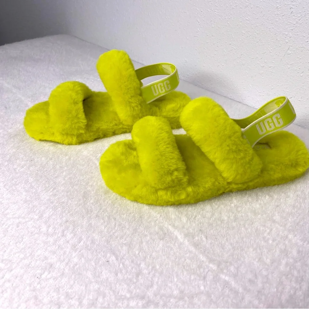 New UGG Oh Yeah Fluffy Slide Slipper in Neon Yellow / Green size 3